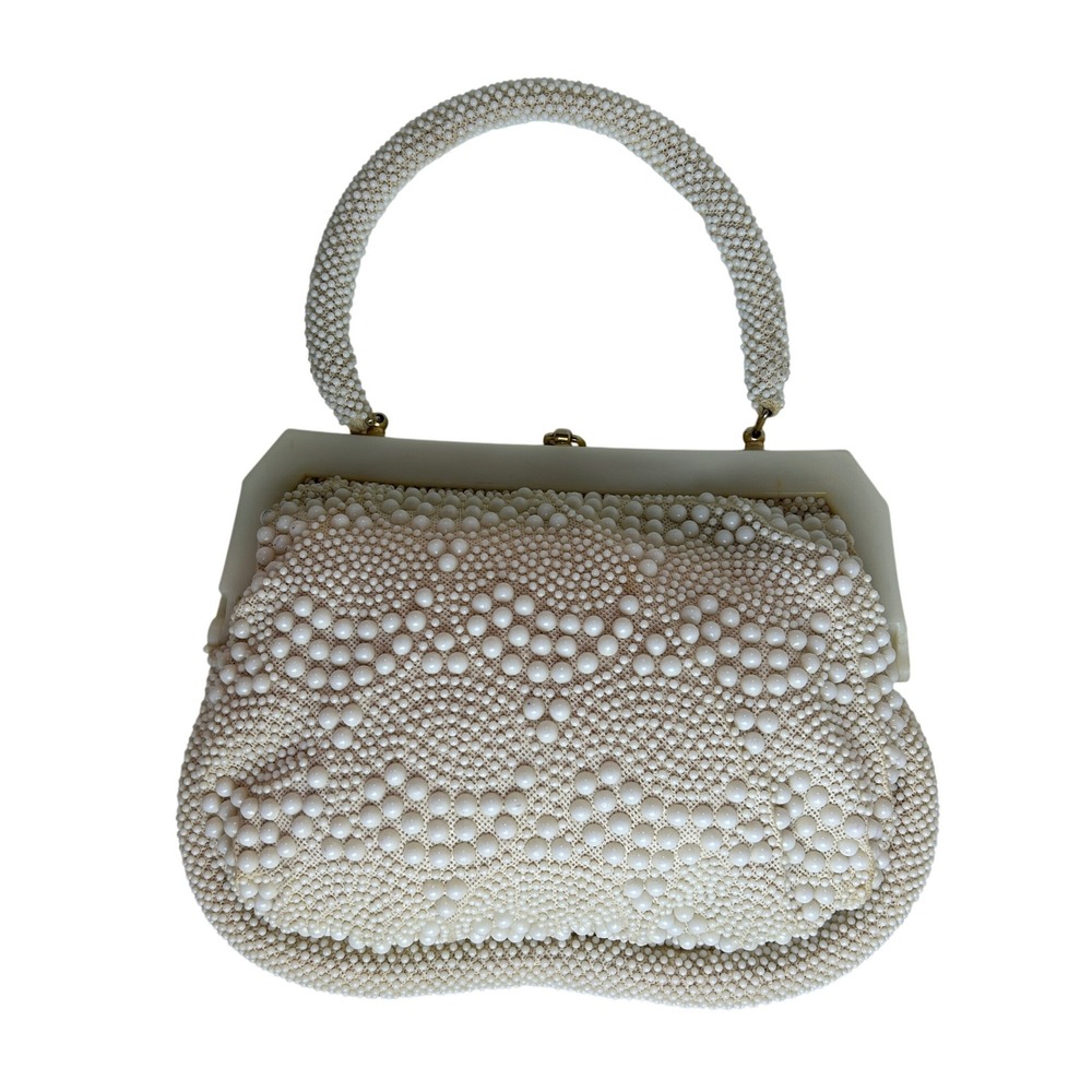 Vintage Hand Beaded Faux Pearl Evening Bag Women Cream Kiss Lock MCM Coquette